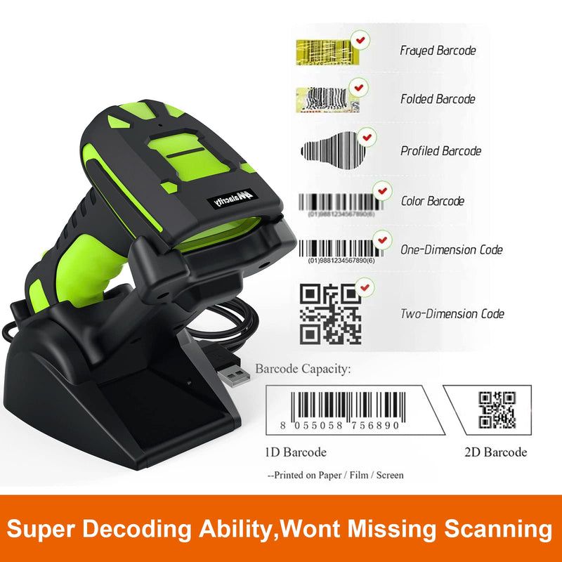 Alacrity 2D Industrial Wireless Barcode Scanner with Charging Stand, Bluetooth Drop Resistant, 1968 Feet Transmission Distance 433Mhz QR 1D Bar Code Reader Green
