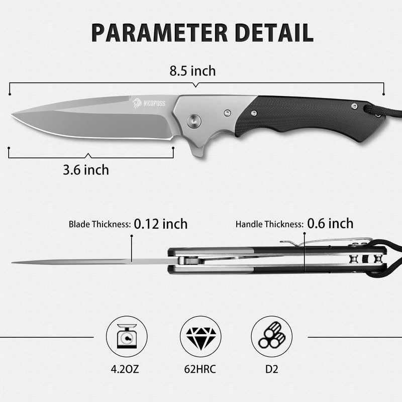 NedFoss Swan Pocket Knife for Men, 3.6" D2 Steel Hunting Knife, G10 Handle | 4.2oz, Liner Lock, Brass Bearing Pivot, Flipper, Large Folding Knife with Clip,Sharp Camping Survival Knives for Mens Gift Titanium