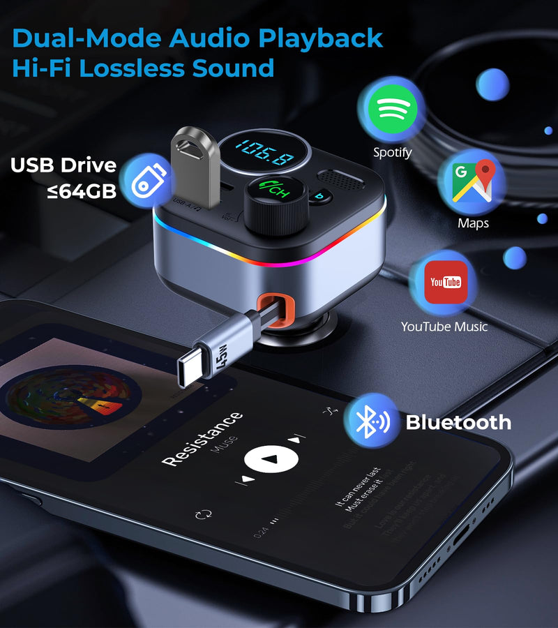 Bluetooth 5.4 FM Transmitter, 72W Car Charger with 45W Retractable USB-C PD | Built-in Cable, Hands-Free Calling, Deep Bass, LED Display, USB Drive Music Player for Cars Trucks
