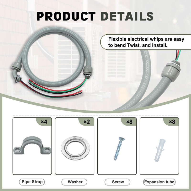 1/2" x 6Ft Power Whip Assembly Kit, Non-Metallic Liquid Tight Flexible Electrical Conduit with 10 Gauge Wire Electrical AC Whip Kit 1/2" x 6Ft