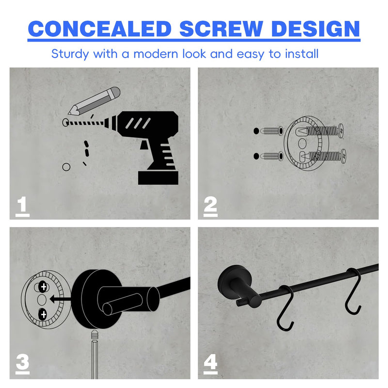 21.6 Inch Towel Bar with 5 S Shaped Hooks, Stainless Steel Towel Holder Black Towel Rack for Bathroom Washroom, Wall Mounted Kitchen Pot Pan Rack Utensil Holder Black With 5 Hooks