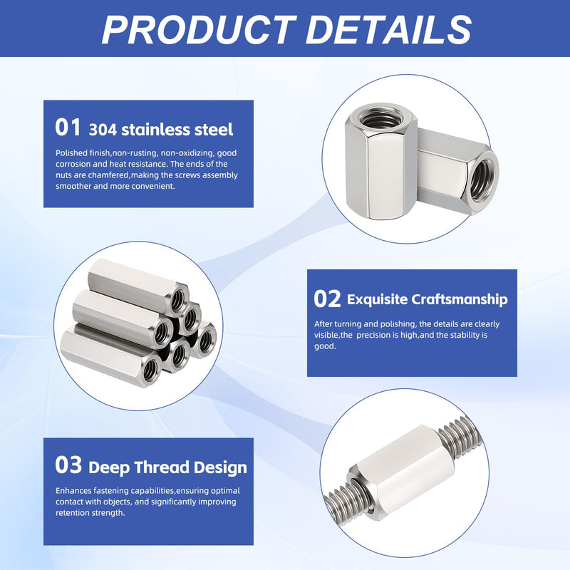 12Pcs Hex Coupling Nuts,1/2-13 UNC 40mm/1.57" Length, 304 SS | Rod Coupling Nut, for Threaded Rods & Studs 12 1/2"-13 x 40mm
