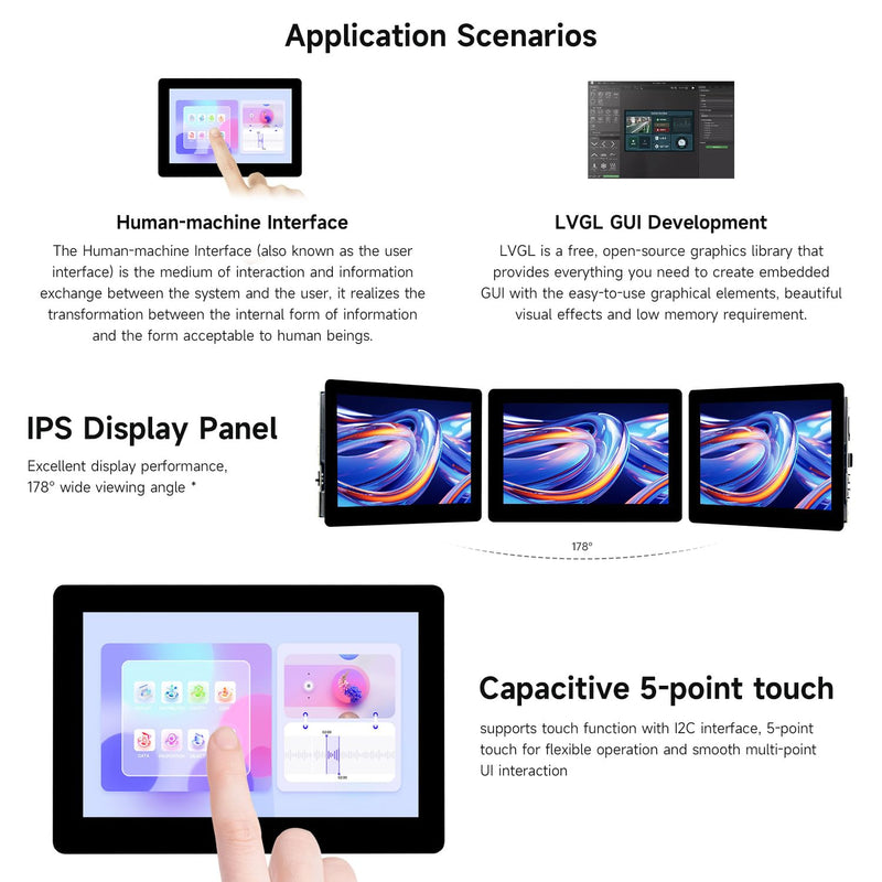 Waveshare ESP32-S3 5inch Capacitive Touch Display Development Board, 5-Point Touch, 32-Bit LX7 Dual-Core Processor, Support Wi-fi & BLE, with Onboard Antenna, 800×480 Display Resolution