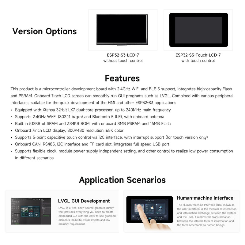 Waveshare ESP32-S3 7inch Display Development Board, 800×480, 32-bit LX7 Dual-core Processor, Up to 240MHz Frequency, Supports WiFi & Bluetooth, with Onboard Antenna, No Touch