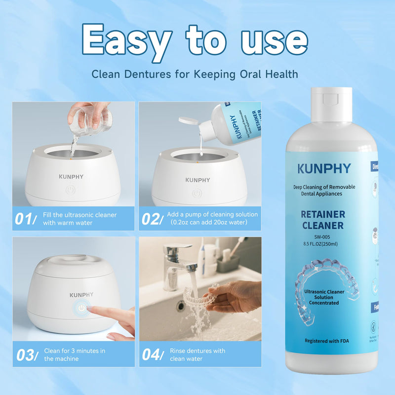 2 Pack Ultrasonic Retainer Cleaner Solution for Sonic Denture Cleaner-Professional Cleaning of Retainers, Invisible Aligners, Mouth Guards, Night Guards, Remove Odors, Discoloration & Stains 8.5oz 250ML*2