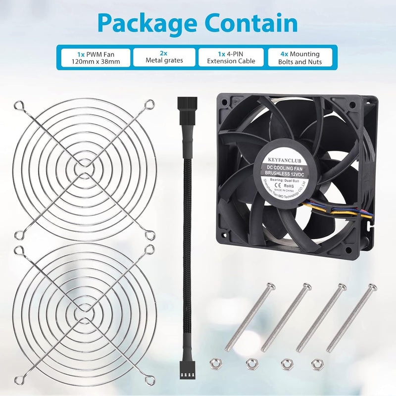 High CFM Computer Fan, KEYFANCLUB 12V 4-PIN PWM Register Booster Fan 120mm x 38mm for Mining Machine RV Fridge Server Cabinets CPU GPU Cooling