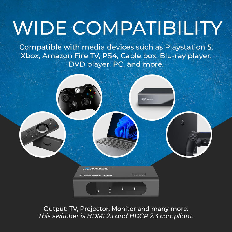 4K@120hz 3x1 HDMI Switch 8K by OREI - Remote Control HDMI Selector 48Gbps High Resolution Switch Between 3 Inputs Prefect for Gaming, PS5, Xbox, HDR10, Dolby Vision (BK-301)