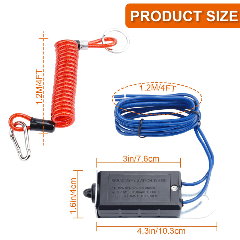 Trailer Breakaway Switch, 4FT Trailer Breakaway Coiled Cable with Electric Brake, Brake Switch for Trailer Brake 12v, Suitable for RV Towing Trailer, Red