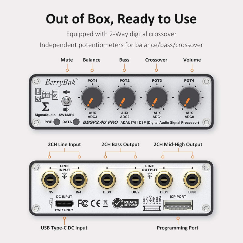 Independent ADC & DAC ADAU1701 DSP Preamp Unbalanced 2 in 4 Out, 2.2/2.1 Digital Signal 2-Way Crossover, Sigmastudio and PC UI Control for EQ and Bass Enhancement BDSP2.4U-Pro
