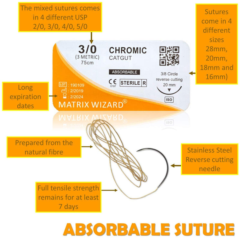Mixed Sutures Thread with Needle (Absorbable: Chromic Catgut; Non-Absorbable: Nylon, Silk, Polyester, Polypropylene) - Surgical Wound Practice Kit, Emergency First Aid Demo (2-0, 3-0, 4-0, 5-0) 24PK