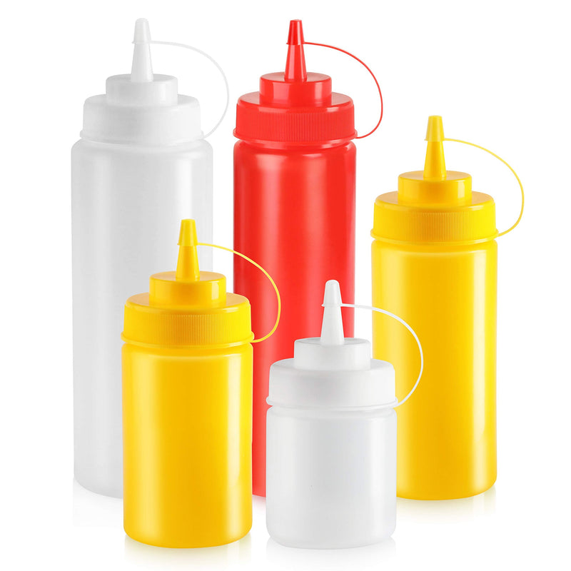 New Star Foodservice 26528 Plastic Squeeze Bottles with Cap and Scale, Wide Mouth, 16 oz, Yellow, Pack of 6 Yellow (Pack of 6) 24 Ounces