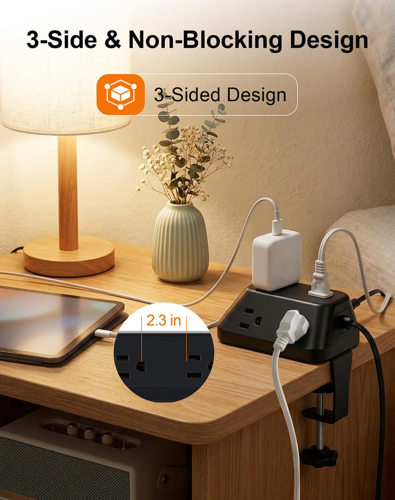 Desk Clamp Power Strip, 6 AC, 2 USB-C & 2 USB-A, 1440J, 6FT Cord | Fits 1.97in Desks, 17W Shared USB Charging, 45° Flat Plug & 3-Side Layout for Home Office, Standing Desk and Gaming Setups 6FT-Black