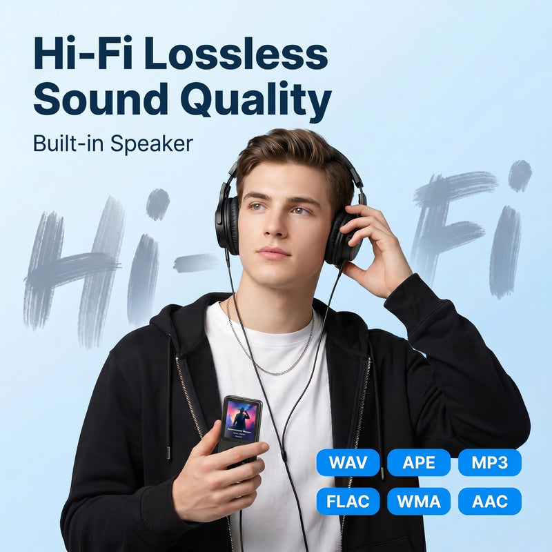 128GB MP3 Player with Bluetooth 5.3 Earphones Included | Portable, HiFi Sound, Built-in Speaker/FM Radio/Voice Recorder/E-Book, Lossless Sound, Multifunctional, Music Player, Slim Black