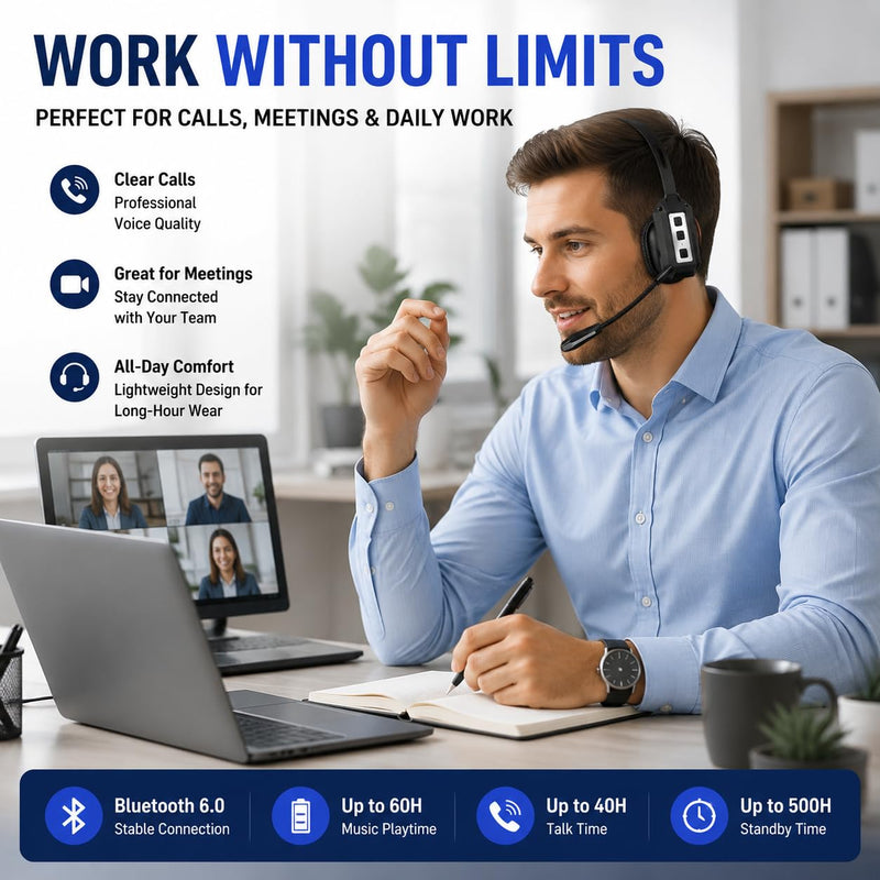Bytewaveshop Trucker Bluetooth Headset with Mic, 55H Talk Time Wireless Headset, 99% Noise Cancelling Headphones with 270° Adjustable Mic, Bluetooth 6.0, Dual Device for Truck Drivers, Calls, Driving