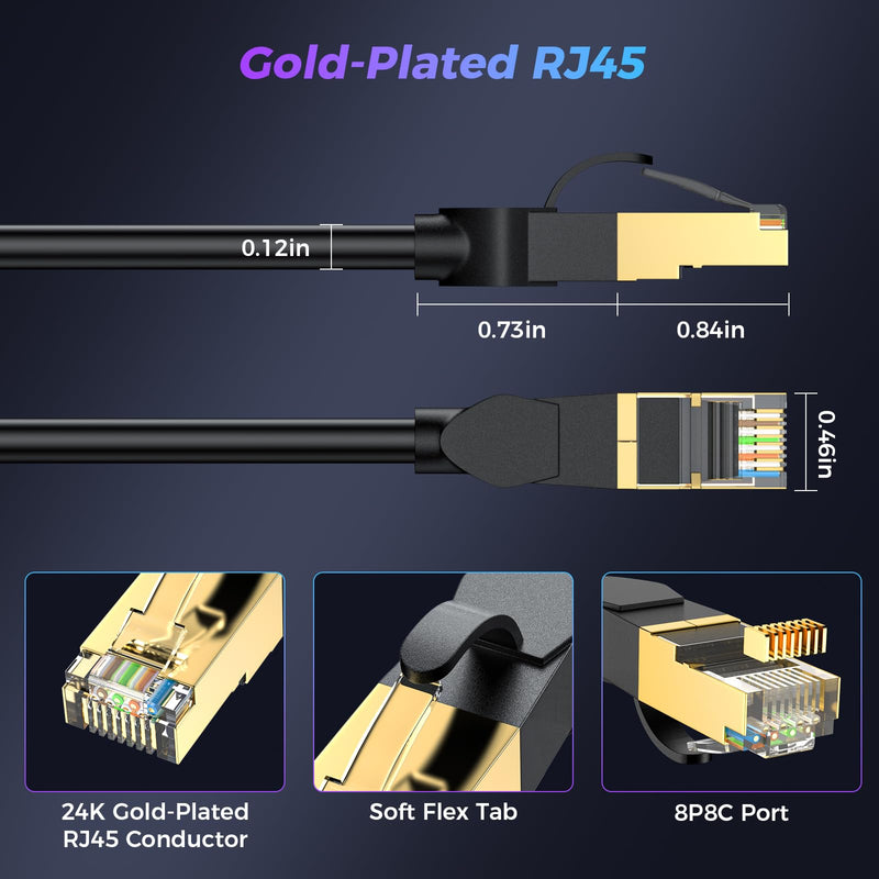 Cat 6 Ethernet Cable 10 ft, High Speed 10Gbps 550MHz Network Cable, Outdoor & Indoor Weatherproof LAN Patch Cable, 26 AWG Core RJ45 Gold-Plated Cord, Compatible with Router, Modem, PC, Gaming Console Black 10FT