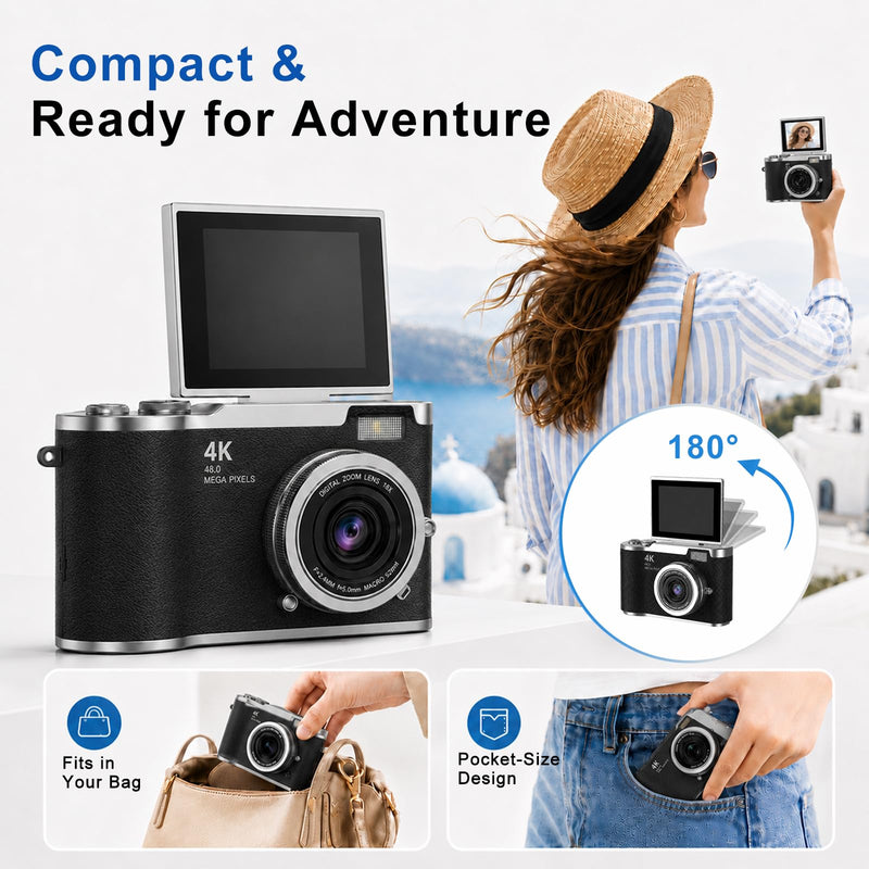 Digital Camera with Flip Screen, Camera for Photography with 32GB SD Card | 180°Rotating Selfie Camera with Neck Lanyard, Camping Point and Shoot Camera Fill Light for Teens Kids Travel（Black) Black Compact
