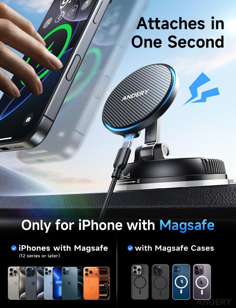 ANDERY Only for iPhone Magsafe Car Mount Charger, 15W Fast Wireless Charge | [78+LBS Strong Suction & 2400gf Magnetic] 360° Adjustable Car Mount Phone Holder, Car Interior Accessory with Dashboard Pad Carbon Fiber