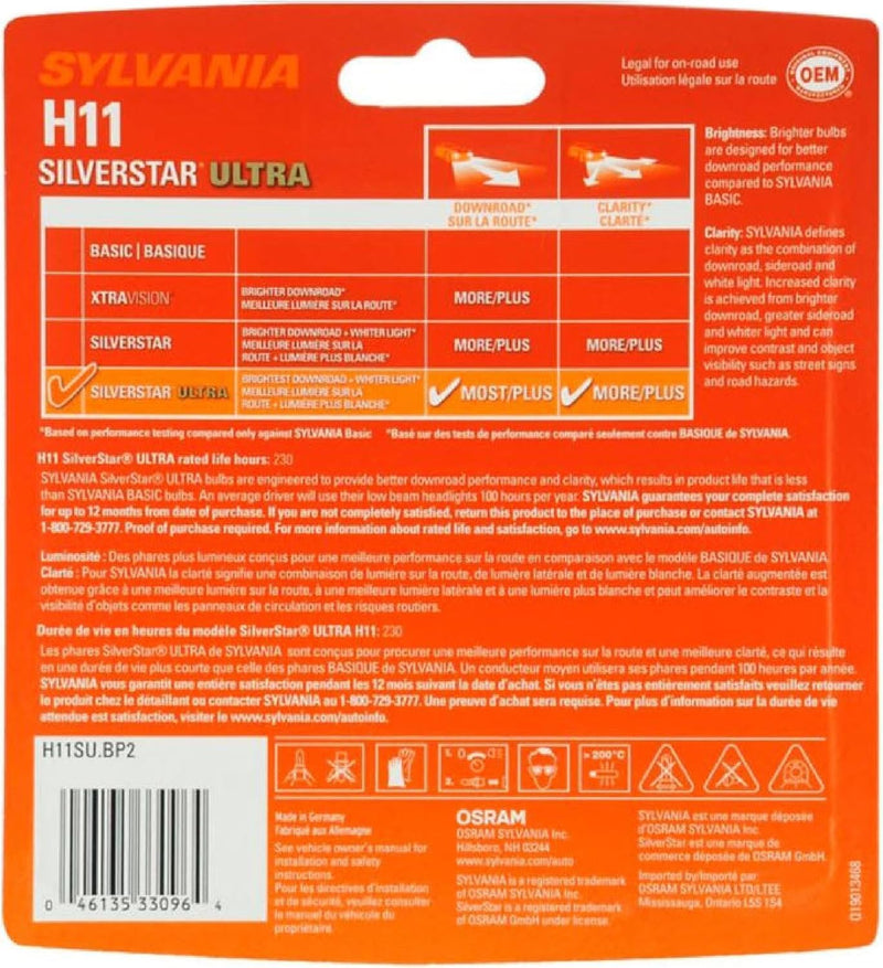 SYLVANIA - H11 SilverStar Ultra - High Performance Halogen Headlight Bulb, High Beam, Low Beam and Fog Replacement Bulb, Brightest Downroad with Whiter Light, Tri-Band Technology (Contains 2 Bulbs)