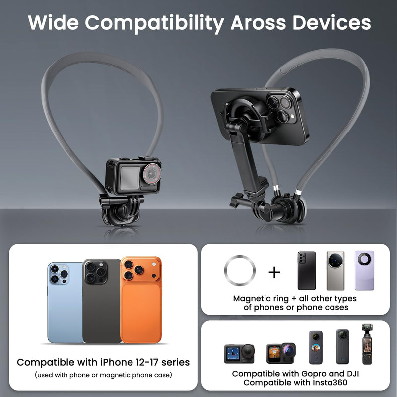 Magnetic Neck Mount for Phones, Neck Camera Mount for GoPro Insta360, Gray | 2-in-1 Magnetic & Clip-on Neck Phone Holder, Multi-angle Adjustment for Hands-free POV Shooting, with Chest Strap & 1/4" Head