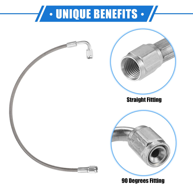 AN3 Braided Steel Turbo Oil Feed Line 90 Degree to Straight Hose End, 18" Remote Turbocharger Oil Drain Return Line Universal for Car Durable Stainless Steel PTFE Silver Tone 18 Inch
