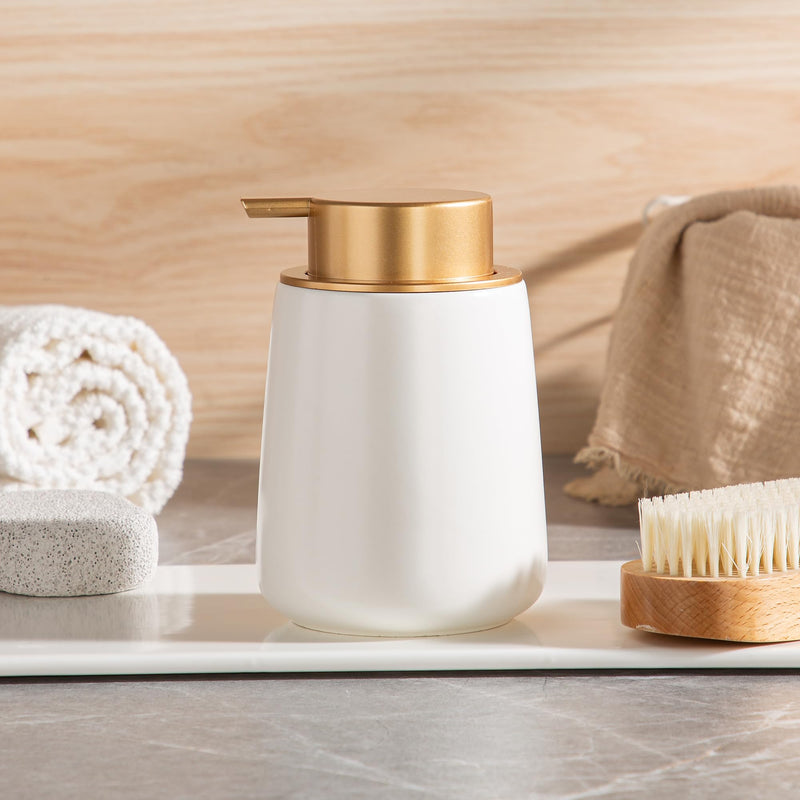 Enra Ceramic Soap Dispenser,12 oz Hand Lotion Dispenser with Gold Pump,Refillable Dish Soap Dispenser,Modern Liquid Soap Dispenser for Bathroom,Kitchen with Easy-to-Press Pump Liquid-white-gold Pump