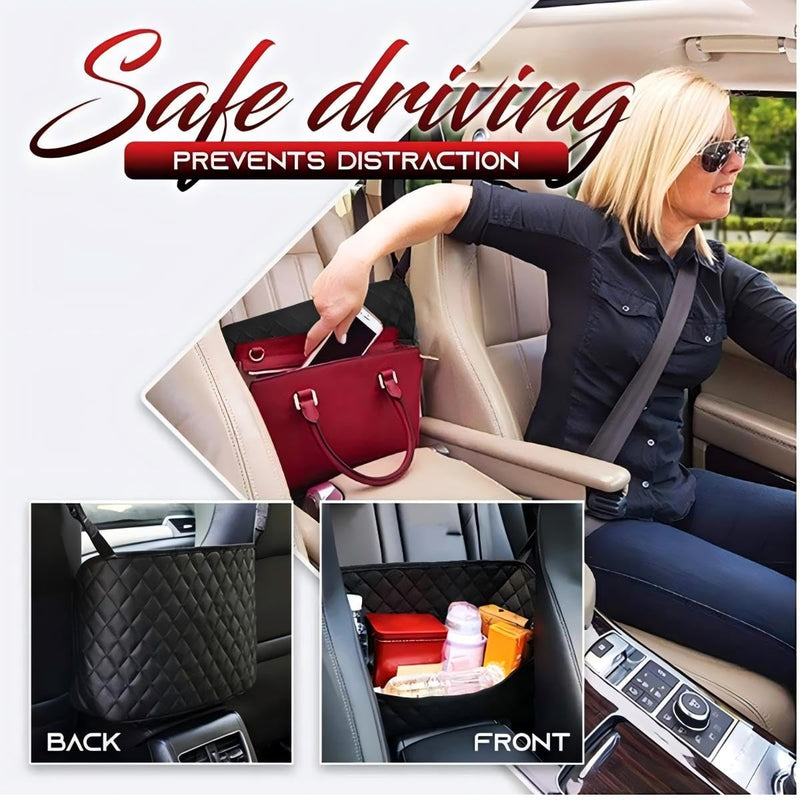 Car Net Pocket Handbag Holder，Purse Holder for Car Between Seats，Leather Seat Back Organizer Mesh Large Capacity Bag，Handbag Between The Two Seats of The Car