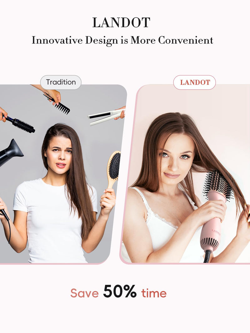  [AUSTRALIA] - LANDOT Blow Dry Hair Brush 60mm, One Step Hair Dryer & Volumiser for Smooth | Ionic Anti-Frizz Ceramic Titanium Barrel, Shine Frizz-Free Blowout, 3 Heat Settings for Long Thick Curly Hair, UK Plug Pink