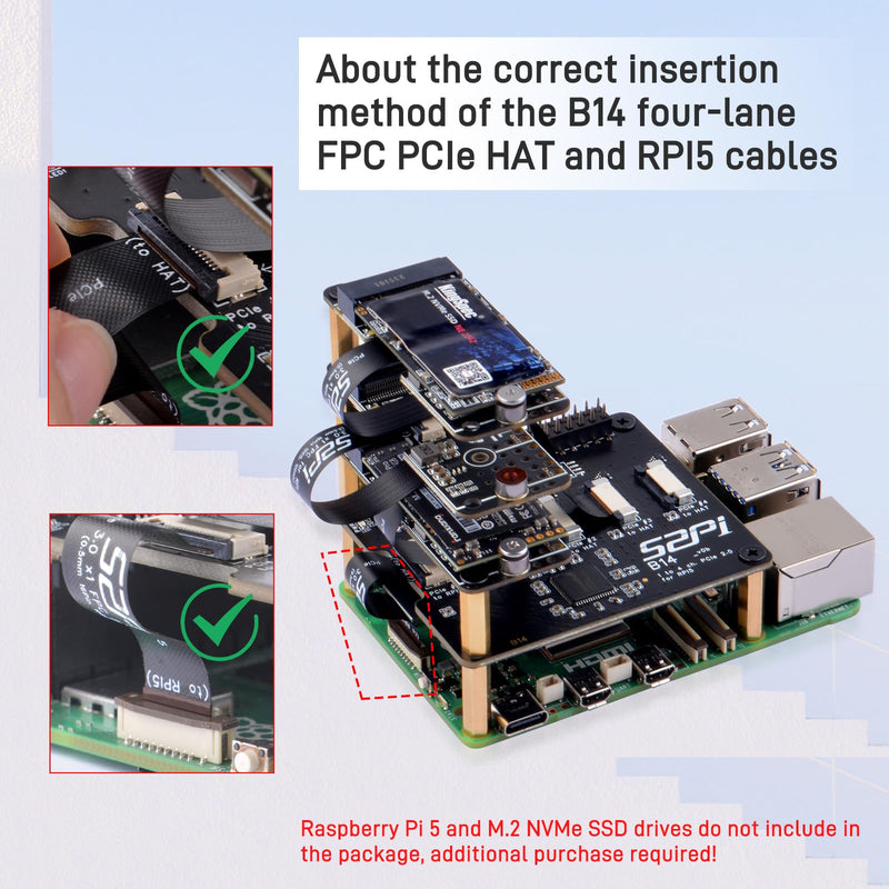 GeeekPi Quad FPC PCIe HAT for Raspberry Pi 5, B14 HAT 1 to 4 PCIe Interface with 40Pin GPIO Pin Header for Raspberry Pi 5