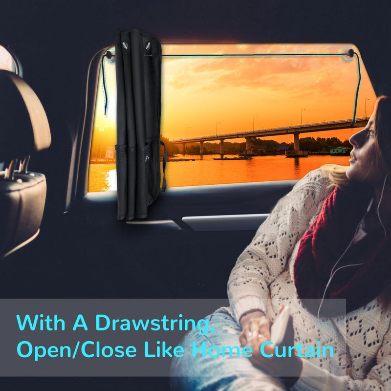 Car Sun Shade Side Window, 2 Pcs Blackout Car Window Shade for Baby Privacy with Storage Net Pockets Car Curtains 7 Suction Cups for Heat/UV Protection Sun Block Covers Black-2pcs