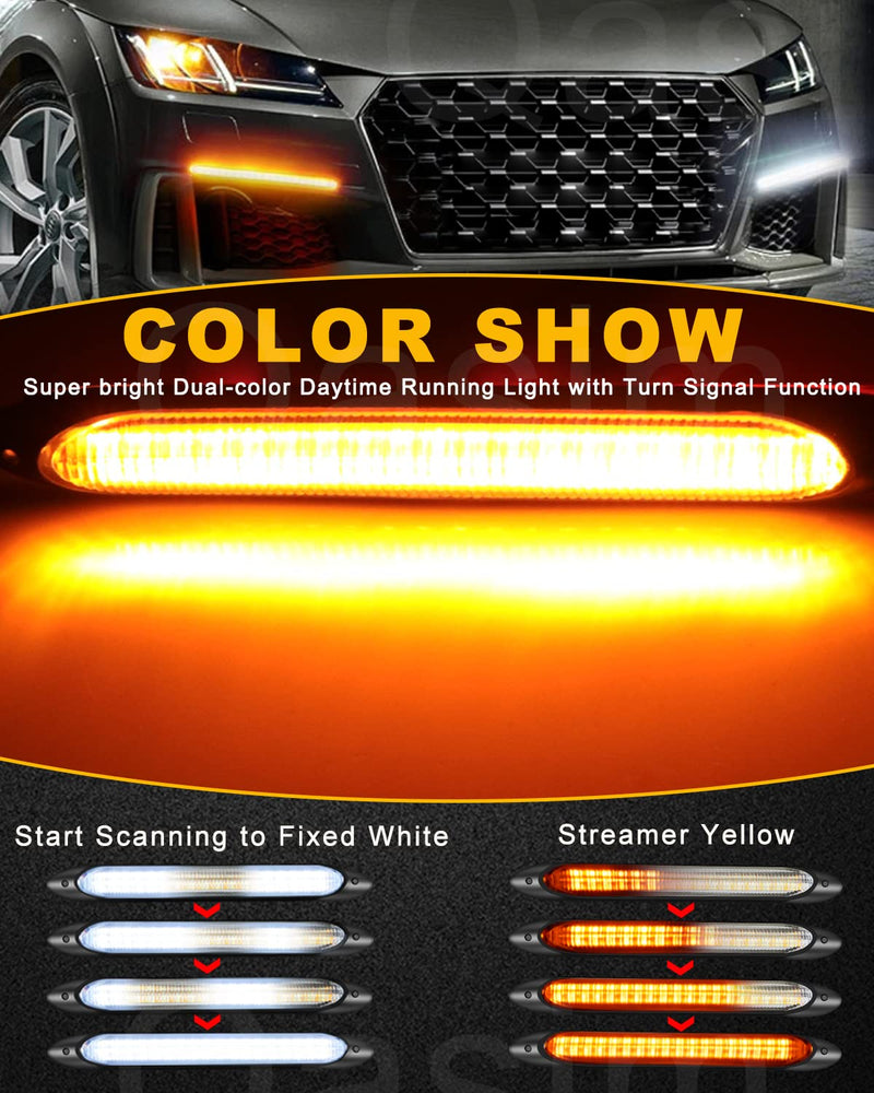 Qasim DRL LED Strip Car Daytime Running Light 9.25in White Automobile Decorative Lights Yellow Streamer Flow Turn Signal Light Tail Light Strip Bar 12V (2Pcs, 23.5cm) 23.5CM 9.25'' WA