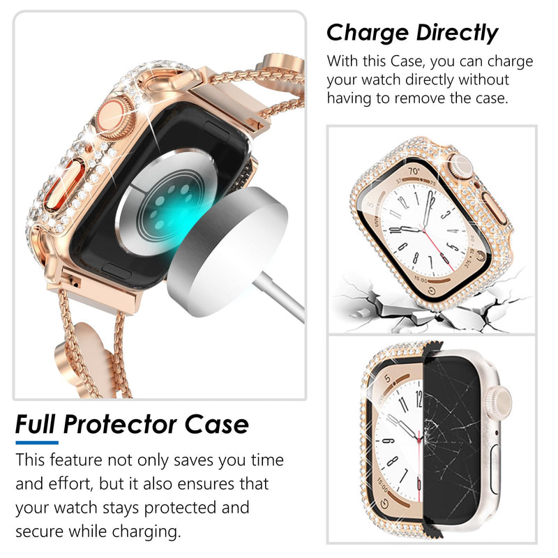 KADES Band with Case Compatible for Apple Watch Series 9 8 7 45mm/41mm Series 6 5 4 SE SE2022 44mm/40mm Series 3 2 1 42mm/38mm, Sparkling Bling Diamond Bands with Full Diamonds Case Rose Gold with Black Pearl Shell Only for 40mm