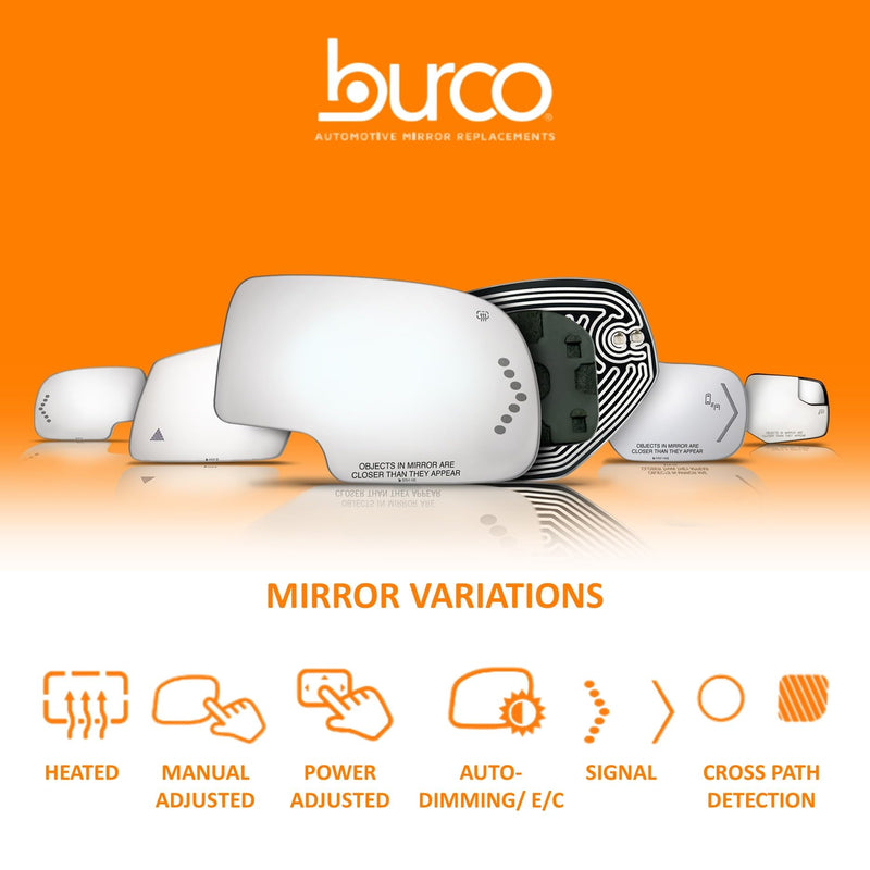 Burco 4205H Upper Flat Passenger Side View Power Mirror Glass, OEM# DL3Z17K707A/7C3Z17K707F/DL3Z17682AA/9C3Z17682BA, Fits Ford F-150 F-250/F-350/F-450 Super Duty F-550 Super Duty F-650/F-750 F650/F750