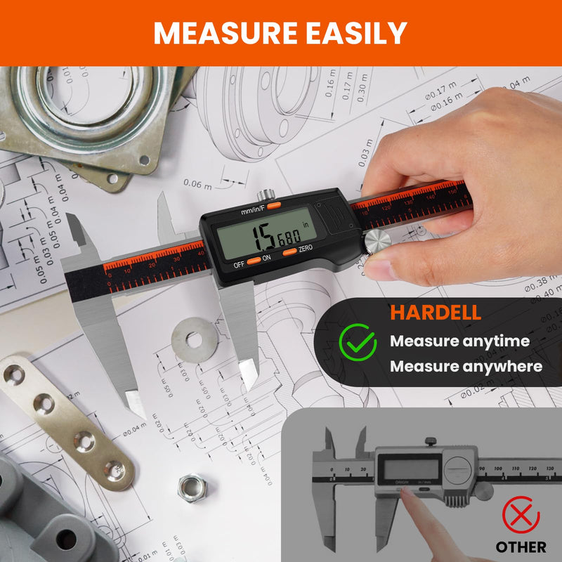 HARDELL Digital Caliper, 0-8 Inch Measuring Tool Large LCD Screen,Stainless Steel,Auto-Off,Inch/Fractions/Millimeter Waterproof Caliper Digital Micrometer for DIY/Household/3D Printing 8 Inch