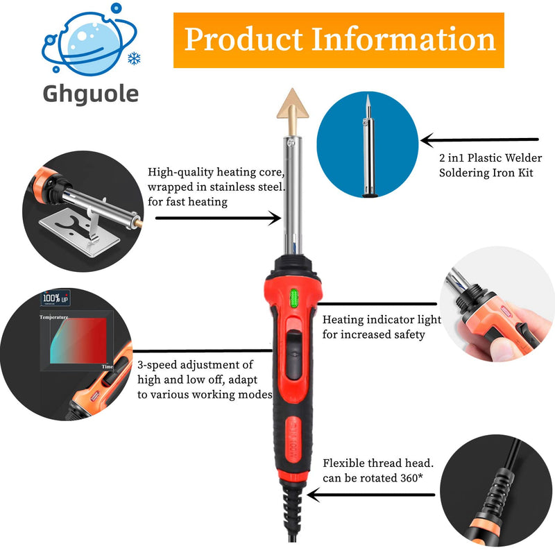 100W Plastic Welder, 2-in-1 Plastic Welding Kit with Soldering Iron Tips & 56Pcs Rods, 3-Speed Temperature Control Soldering Iron Gun, Professional Surface Repair Tool for Car Bumper,Dashboard, Kayak Red