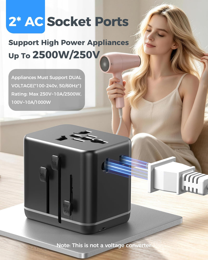 Universal Travel Adapter with Dual AC Outlets, 4 USB Ports, 2500W | 3 USB-C & 1 USB-A Ports, Charge 6 Devices, Compact Design, EU/US/UK/AU Plug Adapter for 200+ Countries