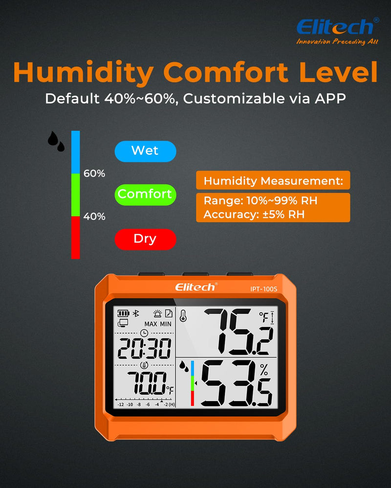 Elitech Digital Bluetooth Hygrometer Thermometer, Refrigerator Thermometer with Free APP, Real-Time Temperature Humidity Monitor with 4.5" Screen, PDF&CSV Data Export, IPT-100S with External Probe 1