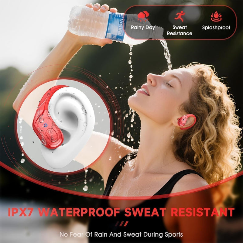 sajawass Wireless Earbuds Headphones Bluetooth 5.4, Noise Canceling Ear Buds with 75hr Playtime, IPX7 Waterproof Earphones Over-Ear Earphones for Sports/Workouts, LED Power Display - Red