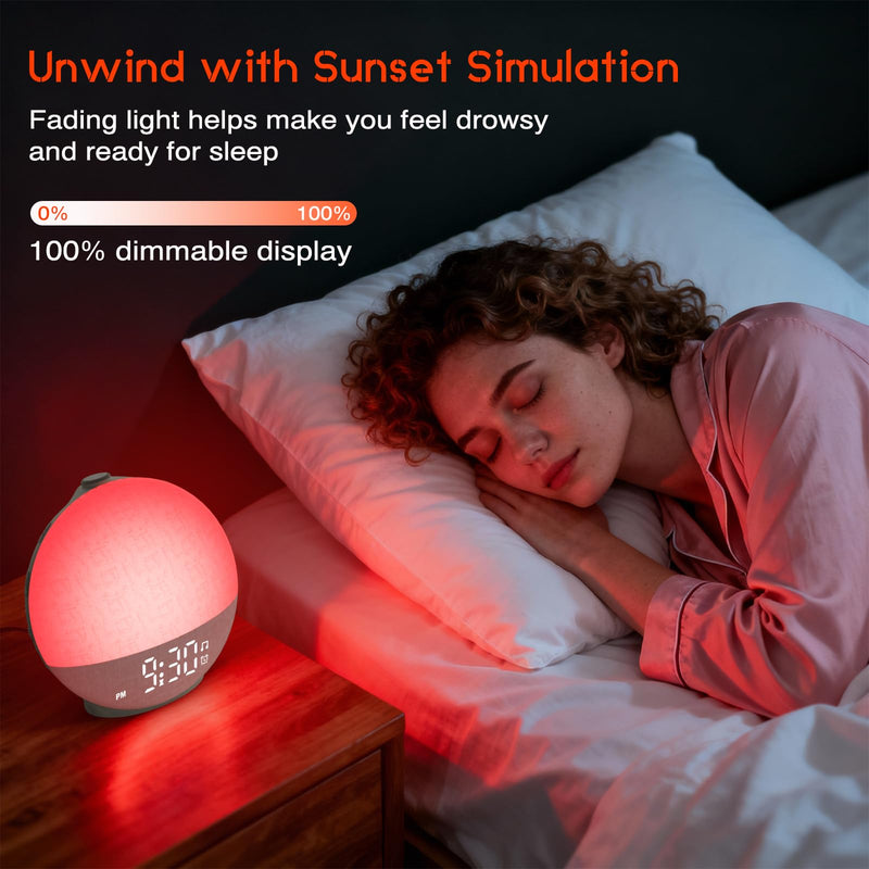Sunrise Alarm Clock White Noise Machine, Sunset Simulation, 30 Soothing Sounds, 12 Color Night Light, Dimmable Sunlight Lamp Wake Up Light, Digital Clock for Kids Teens Heavy Sleepers Adults Bedrooms Putty