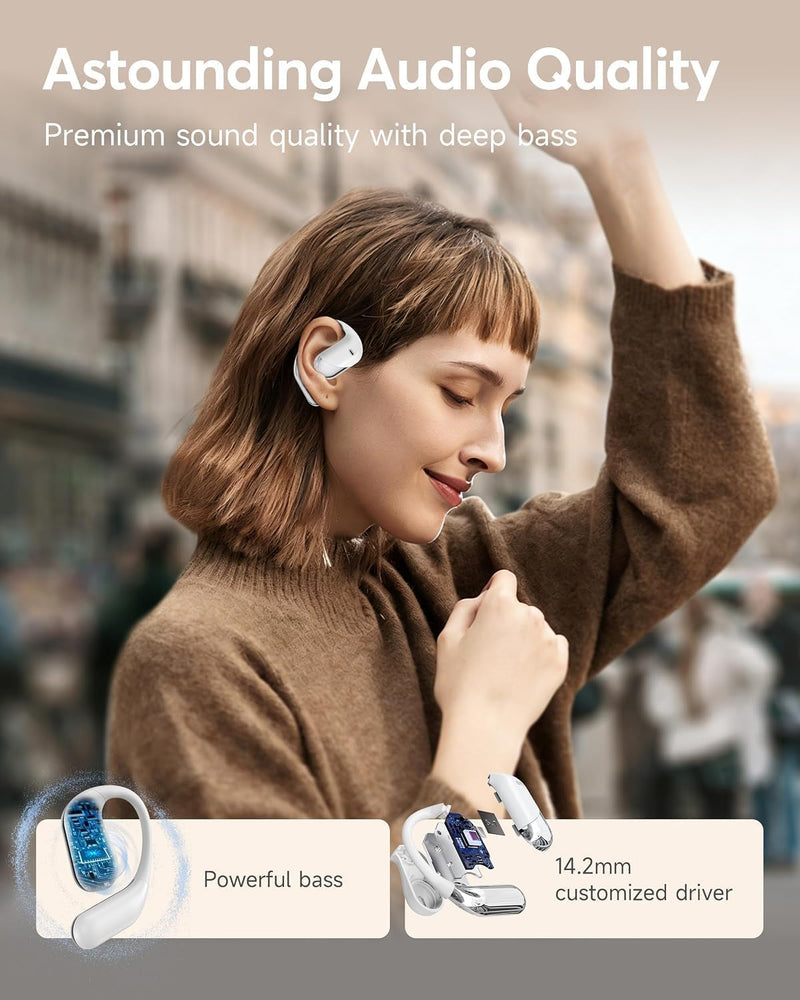 Ultra Open Ear Headphones, Over Ear Bluetooth Bone Conduction Earbuds | Bluetooth 6.1, LED Digital Display, 60H Playtime, IP55 Waterproof, Secure Earhooks for Running, Cycling & Workout Pearl white