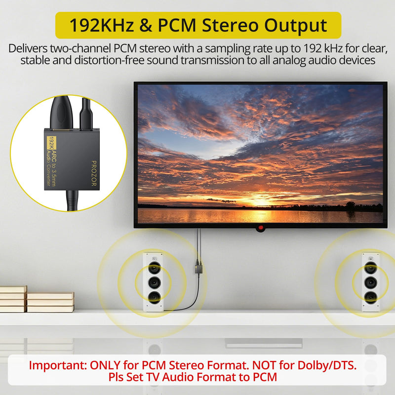 PROZOR eARC/ARC Audio Extractor for TV, 192KHz HDMI ARC to RCA & 3.5mm Audio Converter Volume Adjustable (Support CEC), for HDTV ARC/eARC to Headphones Speakers L/R Systems