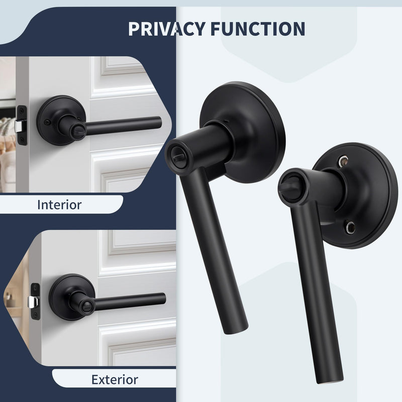 Round Style Door Handle with Privacy Locking, Privacy Reversible Door Lever for Bathroom or Bedroom Door, Matte Black Finish Privacy (Thumb Button Lock)