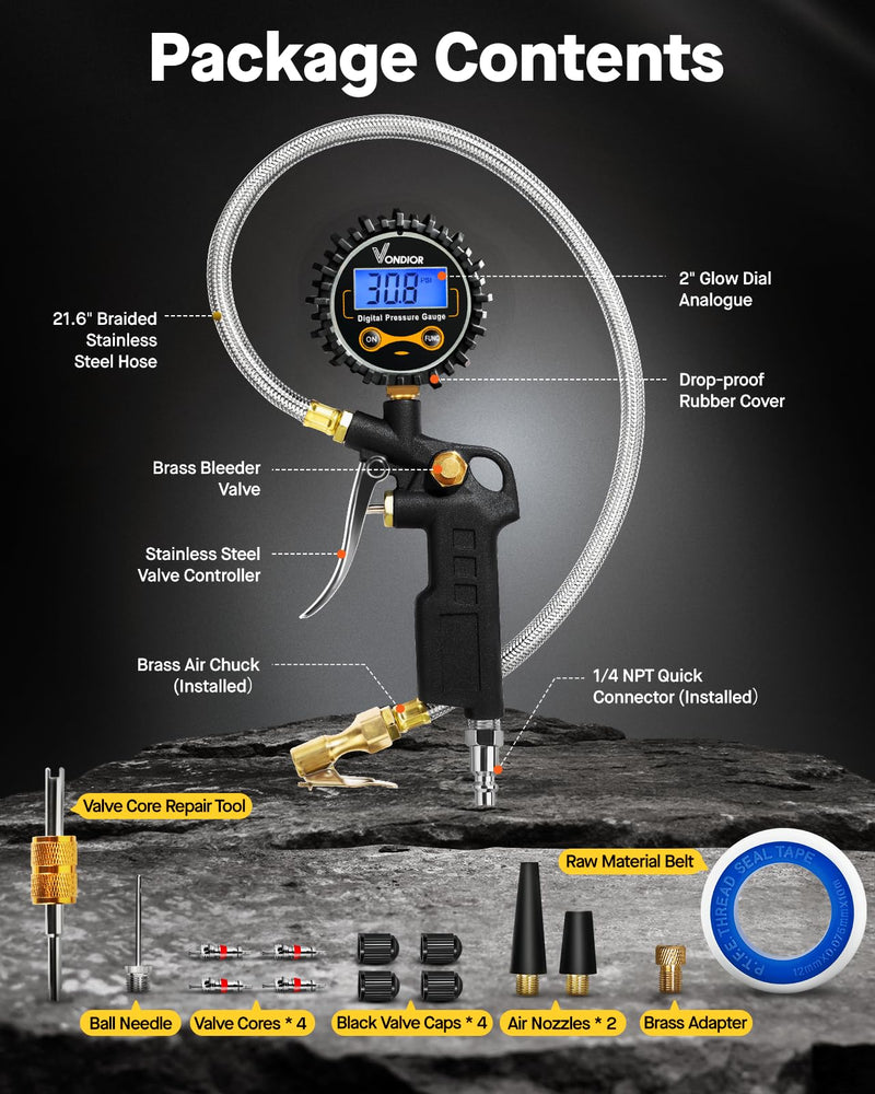 Vondior Digital Tire Pressure Gauge with Inflator, 250 PSI Heavy Duty Air Chuck with Tire Tread Depth Gauge, Stainless Steel Braided Hose with Quick Connect Coupler, Car Accessories 3-250PSI Tire Inflator Gauge