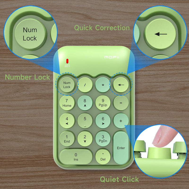 MOFII Wireless Number Pads - Green Numeric Keypad 18 Keys USB 2.4G Round Keycap Colorful Extensions Keypads, Financial Accounting Portable Numpad 10 Key for Laptop/PC/Notebook/Surface Pro
