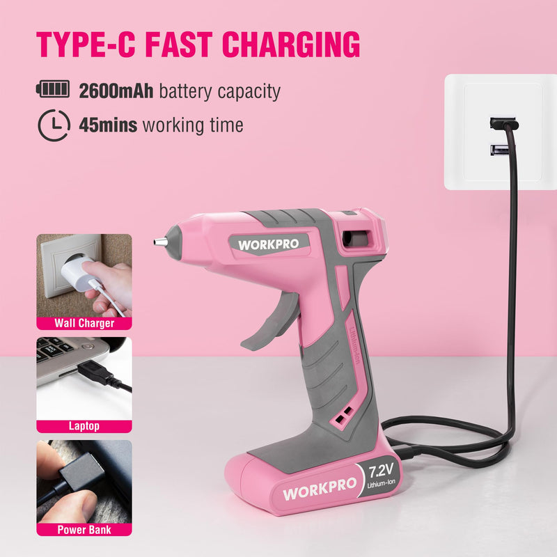 WORKPRO Cordless Hot Glue Gun, 30s Fast Preheating, 7.2V Dual-Temp Glue Gun Kit with 50pcs Glue Gun Sticks, Storage Bag, USB-C Charging Cord, 2600mAh Battery for DIY and Crafting Pink