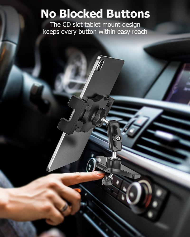 CD Slot Tablet Holder for Car - Metal Extension Arm, for 4-13" Devices | CD Player Tablet Mount with Adjustable Aluminum Arm, Drivers & Passengers Can Use, Fit for iPad, Galaxy Tab, Kindle, Phone