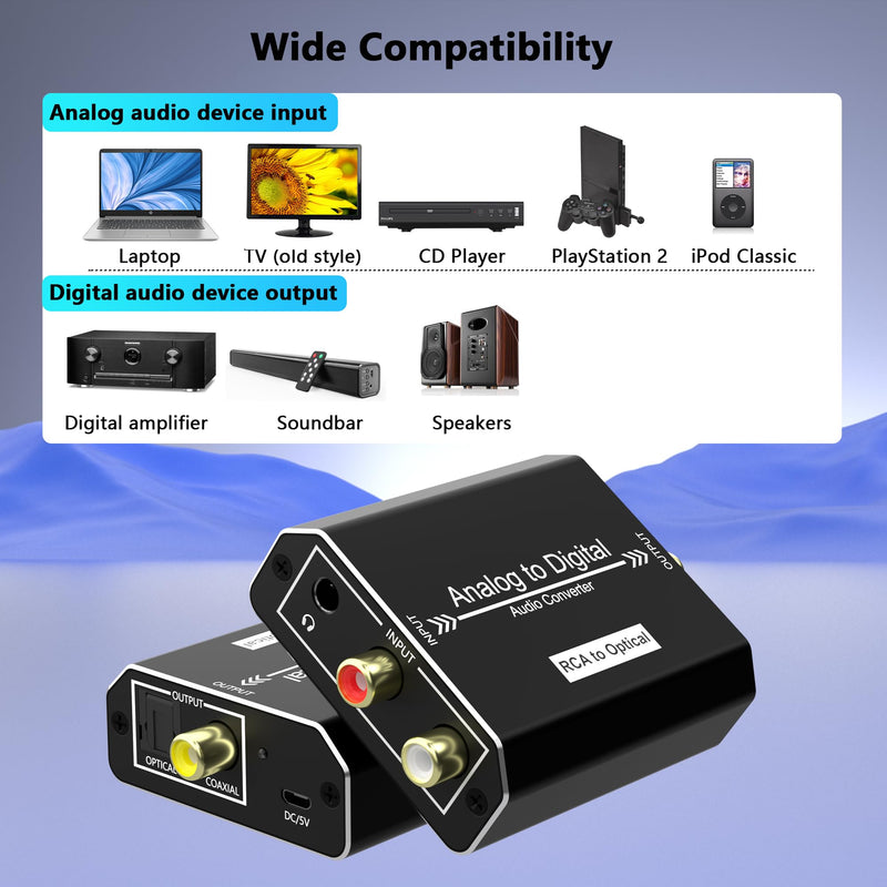 Analog to Digital Audio Converter, RCA L/R & 3.5mm Jack AUX to Coaxial/Optical Toslink SPDIF Audio Adapter, 48kHz/24bit PCM LPCM Stereo ADC, for TV/CD/Game Console/Soundbar/Headphone