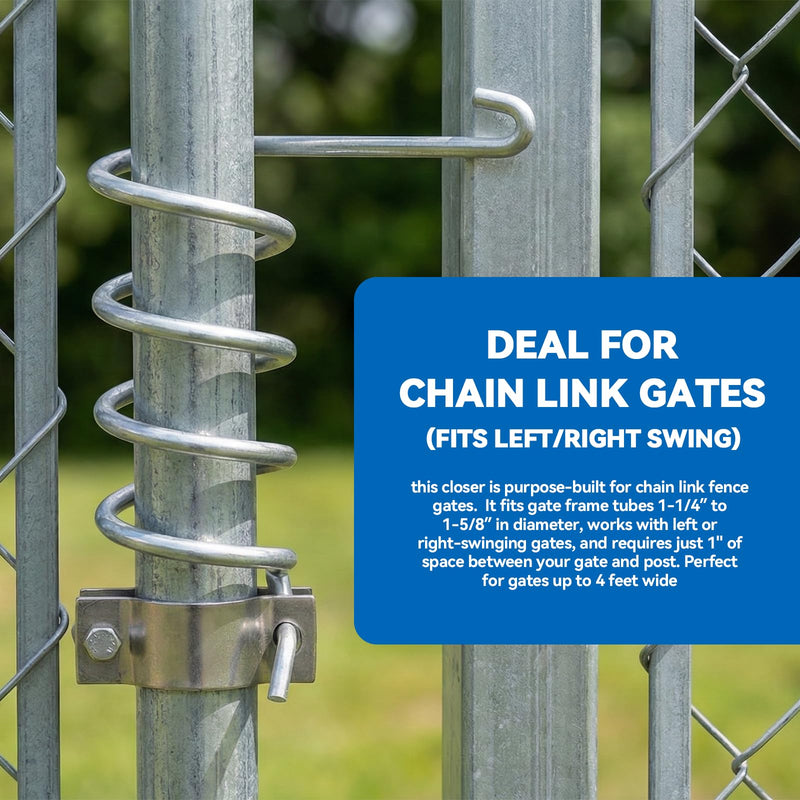 Automatic Chain Link Self Closing gate Closer. Adjustable Closing Tension, for 1-1/4" to 1-5/8" Diameter Door Frame Tubes，Works Great for Pool and Dog Gates or Any Chainlink gate