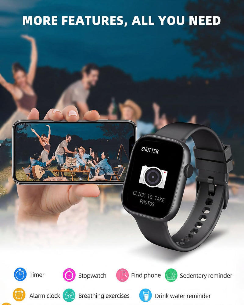 Smart Watch for Women Men, Fitness and Sleep Trackers with 1.83" HD Touchscreen, Bluetooth Calling Smartwatch for Android/iOS, IP67 Waterproof Multi-Sport Modes Pedometer, Jet Black