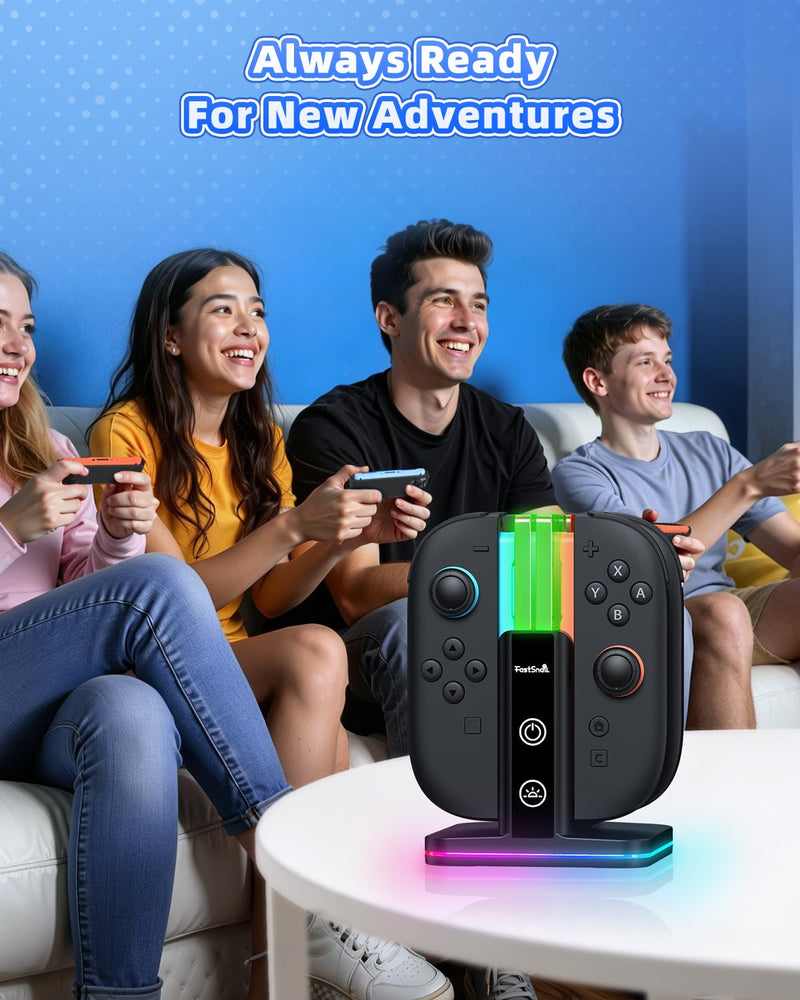 FASTSNAIL Switch Controller Charger for Nintendo Switch 2/1/OLED for Joycon | 8 in 1 Fast Controller Charging Dock, Dual-Direction Magnetic Charger Station Stand, 9 RGB Light for Joycon 2/1 Accessories Carbon Black 6.2/7.0/7.9 inch