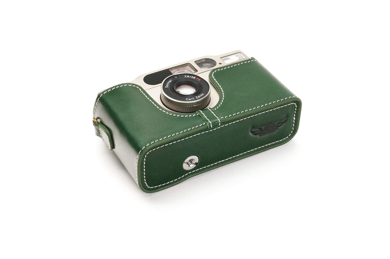 Contax T2 Case, BolinUS Handmade Genuine Real Leather Half Camera Case Bag Cover for Contax T2 Camera With Hand Strap (Green) Green